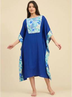 The Kaftan Company - Blue Tropical Floral Print Panel Midi Kaftan