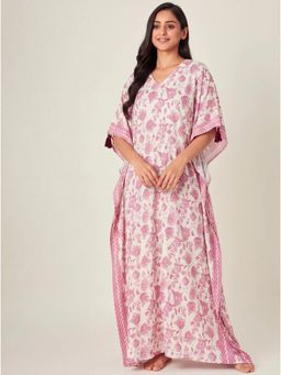 The Kaftan Company - Pink Floral Print Maxi Kaftan In Viscose Rayon