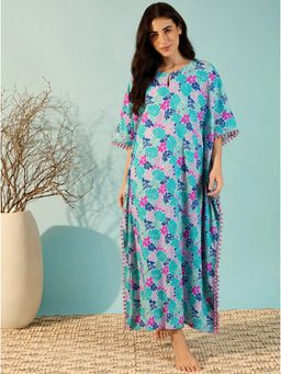 The Kaftan Company - Blue Tropical Floral Print Maxi Kaftan In Cotton