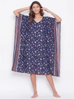 The Kaftan Company - Blue Ditsy Floral Print Midi Kaftan With Border Trim