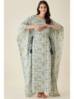 The Kaftan Company - White Botanical Stripe Print Maxi Kaftan