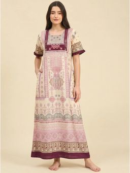 The Kaftan Company - Cream & Plum Ethnic Print Cotton Night Gown With Pockets