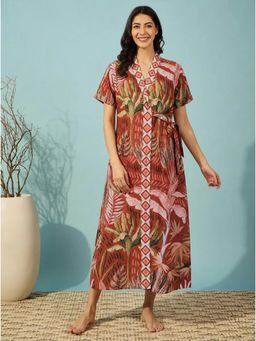The Kaftan Company - Rust Tropical Leaf Print Cotton Sleep Gown Robe