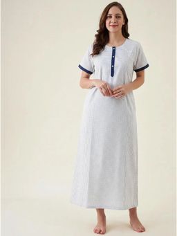The Kaftan Company - White Navy Geometric Print Cotton Night Gown