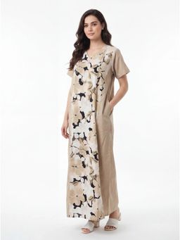 The Kaftan Company - Beige Floral Print Linen Cotton Maxi Night Gown