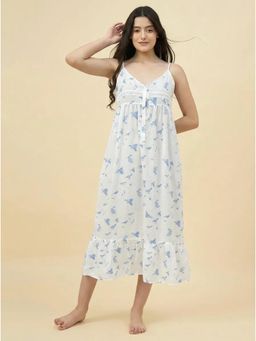 The Kaftan Company - Blue Bird Print White Modal Nightdress