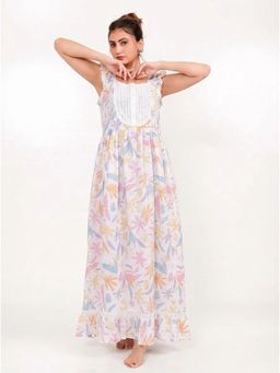 The Kaftan Company - White Pastel Tropical Print Cotton Night Gown