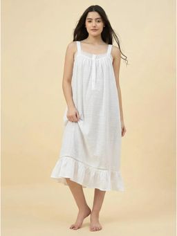 The Kaftan Company - White Cotton Strappy Nightdress With Lace Trim & Ruffle Hem
