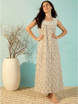 The Kaftan Company - Ivory Floral Print Cotton Night Gown With Lace Yoke & Button Placket