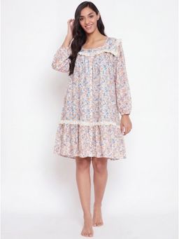 The Kaftan Company - White Ditsy Floral Print Short Cotton Nightdress With Lace Trim