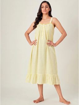 The Kaftan Company - Yellow Check Print Cotton Negligee With Lace Trim