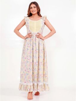 The Kaftan Company - Yellow Floral Print Cotton Night Gown