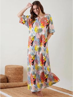 The Kaftan Company - Multi-Color Tropical Leaf Print Maxi Night Gown