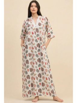 The Kaftan Company - White Seashell Print Modal Night Gown With Lace Neckline