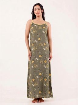 The Kaftan Company - Olive Green Floral Modal Strappy Negligee With Yellow Trim