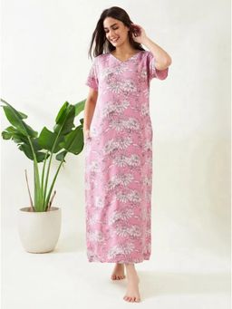 The Kaftan Company - Pink Floral Sketch Print Viscose Night Gown With Pockets