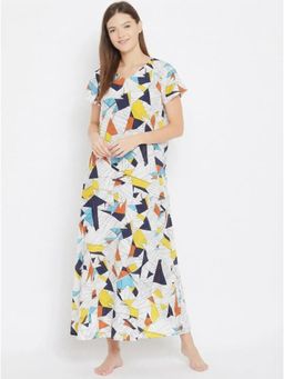 The Kaftan Company - White Abstract Geometric Print Viscose Night Gown With Pockets