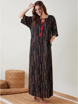 The Kaftan Company - Black Ethnic Stripe Print Maxi Night Gown