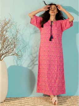 The Kaftan Company - Pink Ikat Print Maxi Night Gown