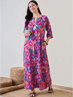 The Kaftan Company - Magenta Fuschia Bold Floral Print Viscose Night Gown