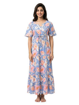 Juliet - Blue Women's Printed Rayon Soft & Comfortable Night Gown