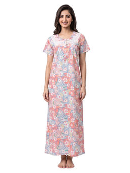 Juliet - Peach Women's Printed Chikan Cotton Soft & Comfortable Night Gown