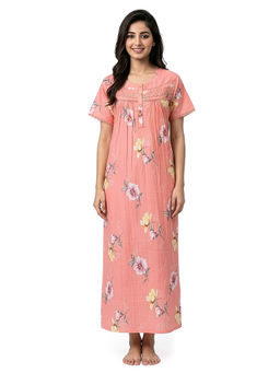 Juliet - Peach Women's Printed Poly Cotton Soft & Comfortable Night Gown
