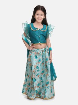 BownBee - Ruffle Sleeve Collar Choli with Floral Lehenga- Blue (Set of 3)