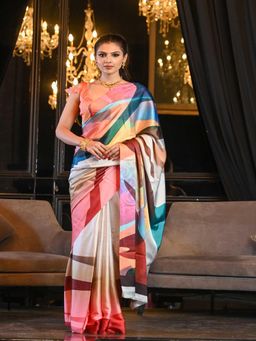 Beatitude - Multicolor Satin Crepe Saree Digital Print with Unstitched Blouse