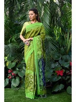 Beatitude - Green Handloom Cotton Silk Saree with Unstitched Blouse