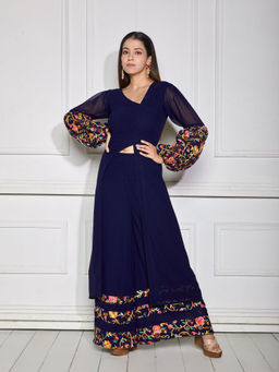 NUD - Navy Blue Embroidery Kurta with Palazzo (Set of 2)