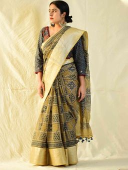 Sundarii - Kaynaat Ajrakh Handloom Kota Doria Zari Border Saree with Unstitched Blouse