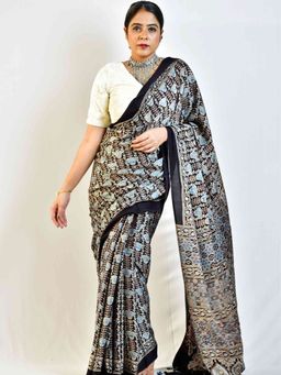 Sundarii - Tulips Ajrakh Hand Block Printed Modal Silk Saree with Unstitched Blouse