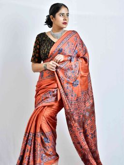 Sundarii - Pathway Ajrakh Hand Block Printed Modal Silk Saree with Unstitched Blouse