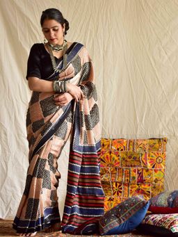 Sundarii - Night Blooms Hand Block Printed Modal Silk Saree with Unstitched Blouse