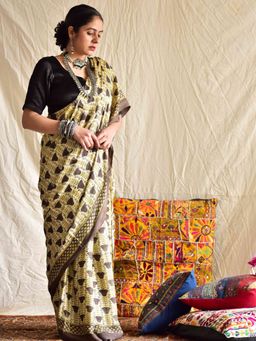 Sundarii - Magical Tulips Ajrakh Hand Block Printed Modal Silk Saree with Unstitched Blouse