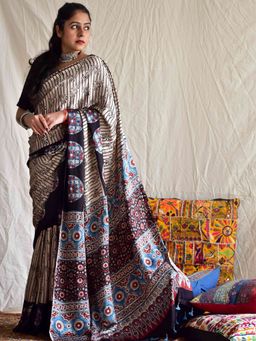 Sundarii - Saanjh Hand Block Printed Modal Silk Saree with Unstitched Blouse