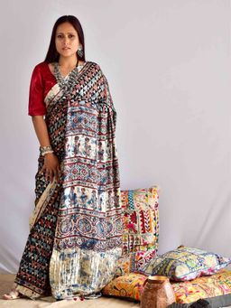 Sundarii - Pyramids Ajrakh Modal Silk Zari Pallu Saree with Unstitched Blouse