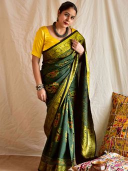 Sundarii - Peer Ajrakh Dola Silk Zari Border Saree with Unstitched Blouse