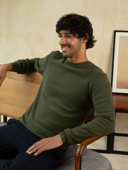 Andamen - Olive Full Sleeves Regular Fit Solid Pullover