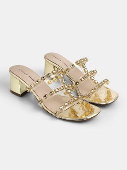 Lemon & Pepper - Gold Stone-Studded Sandal Heels