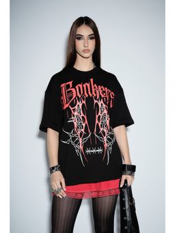 Bonkers Corner - Women Black Graphic Oversized T-Shirt