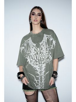 Bonkers Corner - Women Green Graphic Oversized T-Shirt