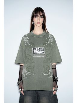 Bonkers Corner - Women Green Graphic Oversized T-Shirt