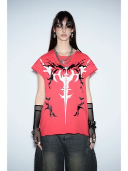 Bonkers Corner - Women Red Graphic Oversized T-Shirt