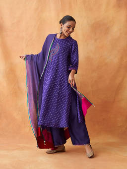 Vaaya - The Jamunia Bandhani Pure Gajji Silk Kurta with Palazzo and Dupatta (Set of 3)
