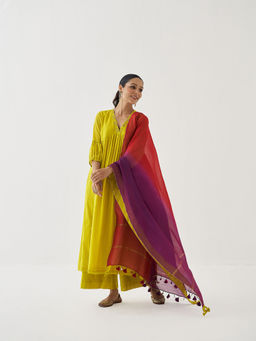 Vaaya - The Basanti Silk Chanderi Ensemble Anarkali Kurta with Palazzo and Dupatta (Set of 3)