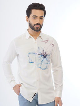 JadeBlue - Mens White Cotton Slim Fit Printed Casual Shirt
