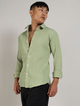 Campus Sutra - Mens Pistachio Green Crinkled-Weave Shirt