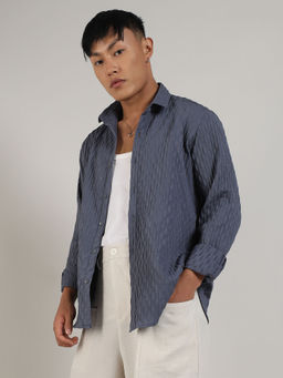Campus Sutra - Mens Prussian Blue Crinkled-Weave Shirt